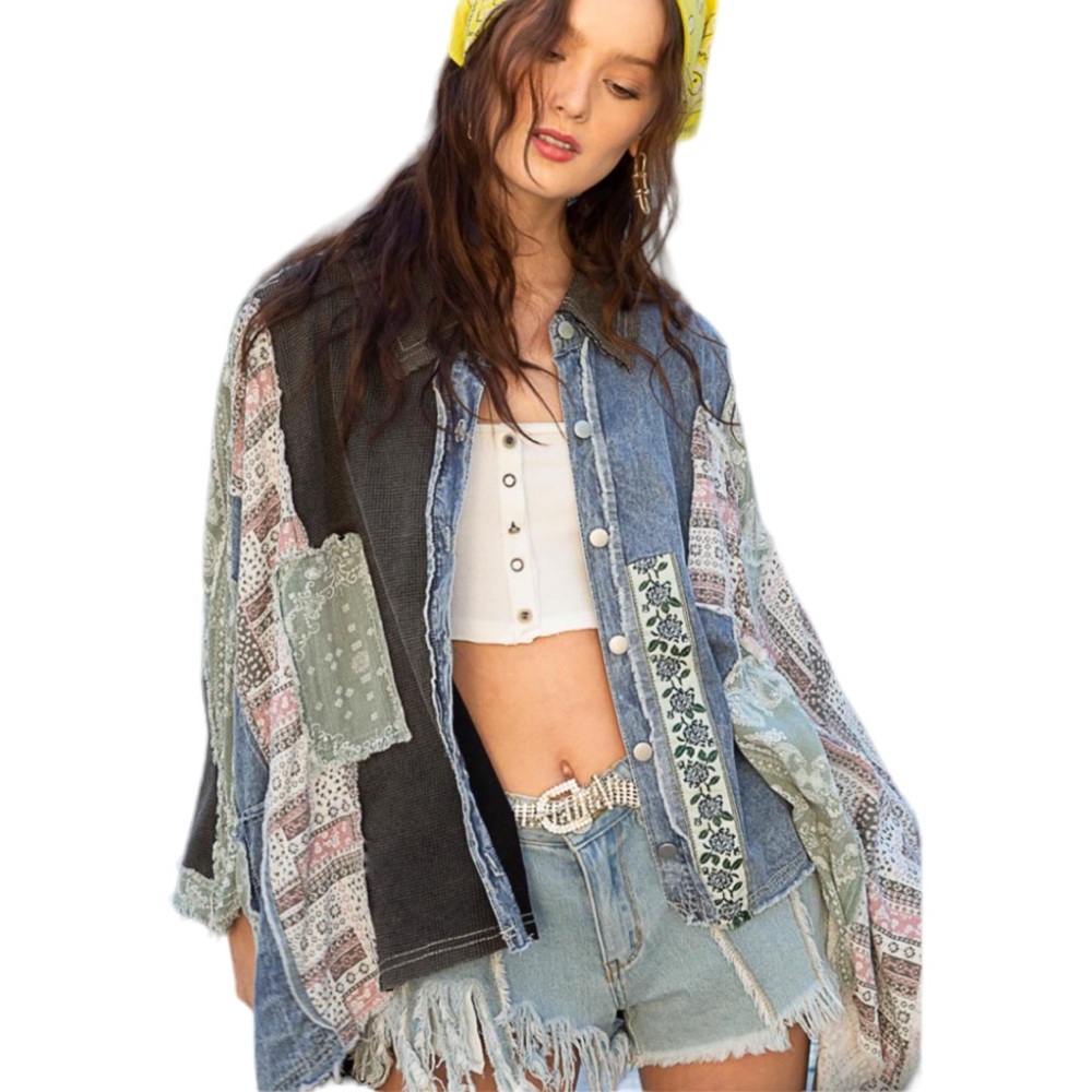 3. Women’s Black Denim Multi Patchwork Oversized Top Shacket NWT